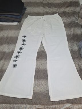White Wide-Leg Lounge Pants with Black Floral Side Print